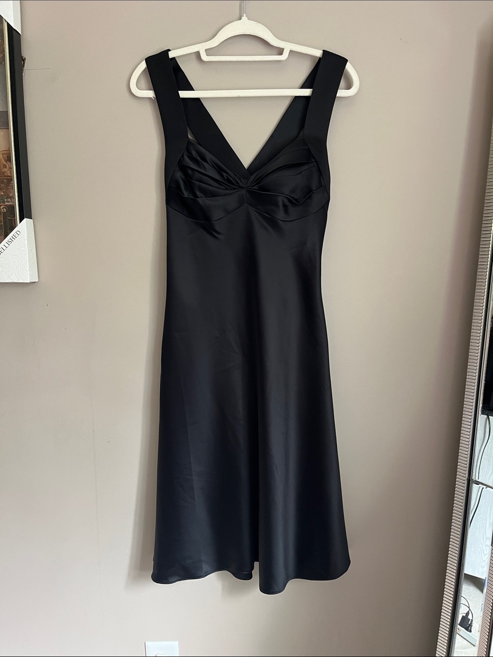 Calvin Klein black satin ruched sweetheart twist-front satin midi dress size 12